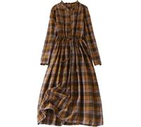 FENXIXIONE Damen Maxikleid Herbst Baumwolle Leinen Kariert Vintage Empire Taille Schlankes Kleid Langarm Plus Size Flowy Midi Langes Kleid (Gelb,M)