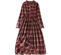 FENXIXIONE Damen Maxikleid Herbst Baumwolle Leinen Kariert Vintage Empire Taille Schlankes Kleid Langarm Plus Size Flowy Midi Langes Kleid (Rot,XXL)