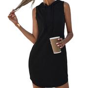 FENXIXIONE Damen Sommerkleider 2024 Casual Ärmelloses Sweatshirt Kleid Kordelzug Kapuzen-Minikleid Mit Taschen (XL,Schwarz)