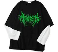 FENXIXIONE Emo Shirt Harajuku Mode Y2k Streetwear Goth Alt Szene Langarm Top Grunge Techwear Alternative Kleidung Ästhetisch (Grün,L)