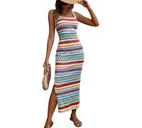 FENXIXIONE Frauen Boho Ärmellos Viereckiger Ausschnitt Bodycon-Kleid Gestreift Hoher Schlitz Tank-Kleid Sommer Tailliert Sonnenkleider (S,Gestreift 02)