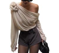 FENXIXIONE Frauen Sexy Chiffon Top One Shoulder Langärmeliges 3D Floral Mesh Shirt See Through Dressy Bluse Ausgehen Tops (Aprikose Weiß,M)