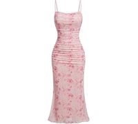 FENXIXIONE Frauen Sexy Mesh Midi Kleid Gerüscht mit Blumen Verstellbarer Spaghetti-Träger Bodycon Kleid Fischschwanz-Cami-Kleider (M,Rosa)