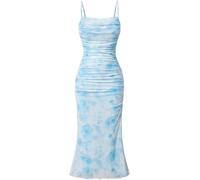 FENXIXIONE Frauen Sexy Mesh Midi Kleid Gerüscht mit Blumen Verstellbarer Spaghetti-Träger Bodycon Kleid Fischschwanz-Cami-Kleider (S,Blau)