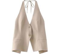 FENXIXIONE Frauen Tank Tops Backless Blazer Cropped Jacke Arbeit Büro Weste Business Knopf ärmellos V Hals Anzug Jacke Weste (Khaki,S)