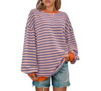 FENXIXIONE Für Frauen Rundhalsausschnitt Gestreift Color Block Tops Übergröße Langärmelig Sweatshirt Lässig Lose Pullover Shirt (S,Rosa Orange)