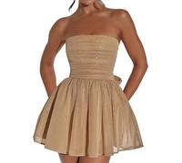 FENXIXIONE Glitzer Kurz Tüll Homecoming Kleider Für Teens Trägerlos Ballkleid Mini-Cocktail Party-Kleider Mit Schleife Am Rücken (S,Kamel Farbe)