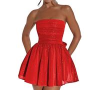 FENXIXIONE Glitzer Kurz Tüll Homecoming Kleider Für Teens Trägerlos Ballkleid Mini-Cocktail Party-Kleider Mit Schleife Am Rücken (M,Rot)