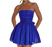 FENXIXIONE Glitzer Kurz Tüll Homecoming Kleider Für Teens Trägerlos Ballkleid Mini-Cocktail Party-Kleider Mit Schleife Am Rücken (S,Blau)