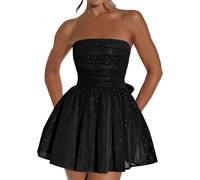 FENXIXIONE Glitzer Kurz Tüll Homecoming Kleider Für Teens Trägerlos Ballkleid Mini-Cocktail Party-Kleider Mit Schleife Am Rücken (S,Schwarz)