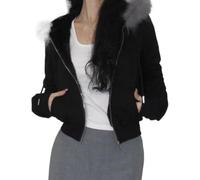 FENXIXIONE Kapuzenpullover mit Kunstfellbesatz, Camouflage-Hoodie für Damen, Y2K, langärmelig, Cropped-Sweatshirt, Jacke mit Reißverschluss und Fellkapuze, Schwarz , S