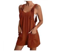 FENXIXIONE Strampler Für Frauen 2024 Sommermode Jumpsuits Overalls Dressy Lose Overall Shorts Strand Outfits Ärmellos Boho Hosenträger Mit Tasche (Braun,S)