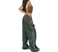 FENXIXIONE Y2k Damen Elastische Taille Baggy Hosen Trendy Casual Jogger-Sweatpants Hose Weites Bein Mit Taschen (L,Dunkelgrün)