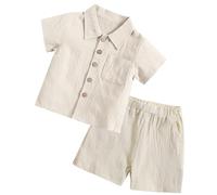 FEOYA Baby Jungen Sommer 2-Teiler Set Kleinkind Shirt Shorts Babykleidung Zweiteiliges Set Baumwolle Leinen Neugeborene Set Kinder Outfit Casual Anzug Beige 90
