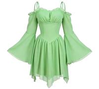 FEOYA Damen Freizeitkleidung Renaissance Minikleid mit Riemen Glockenärmel Mittelalter Kleid Schulterfrei Corsagenkleid mit Tasche und Reißverschluss Feenkleider Grün L