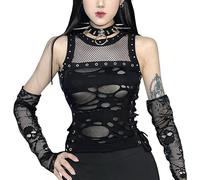 FEOYA Damen Gothic Top Y2k Crop Top Spitze Goth Tank Top Punk Hohle Top Vintage Vest Patchwork Bodycon T-Shirt Festlich Streetwear S