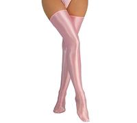 FEOYA Damen Halterlose Strümpfe Metallic Glänzende Kniestrümpfe Overknees Stockings Lang Öl Glänzend Rosa