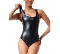 FEOYA Damen Jumpsuit PU Leder Dreieck Body Anzüge Quadratischer Ausschnitt Ärmellos Leotard Sexy Playsuit Catsuit Going Out Tops Clubwear Festival Rave Bodysuit B1 S