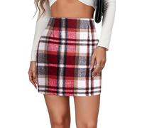 FEOYA Damen Karierter Minirock Hohe Taille Bodycon Bleistiftrock Elegant A Linie Flanell Rock Klassischer Preppy Stil Herbst Winter Kurzer Rock Rot XL