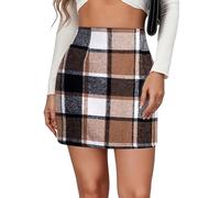 FEOYA Damen Karierter Minirock Hohe Taille Bodycon Bleistiftrock Elegant A Linie Flanell Rock Klassischer Preppy Stil Herbst Winter Kurzer Rock Khaki XL