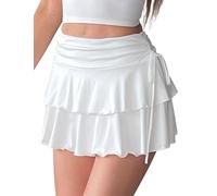 FEOYA Damen Mini Rock Sexy Kurz Rüschen Faltenrock Casual A-Linie Plisseerock Hohe Taille Tennisrock Karneval Party Urlaub Ruffle Skirt Weiß S