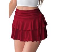 FEOYA Damen Mini Rock Sexy Kurz Rüschen Faltenrock Casual A-Linie Plisseerock Hohe Taille Tennisrock Karneval Party Urlaub Ruffle Skirt Dunkelrot M