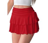 FEOYA Damen Mini Rock Sexy Kurz Rüschen Faltenrock Casual A-Linie Plisseerock Hohe Taille Tennisrock Karneval Party Urlaub Ruffle Skirt Rot M
