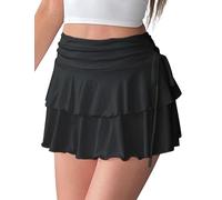 FEOYA Damen Mini Rock Sexy Kurz Rüschen Faltenrock Casual A-Linie Plisseerock Hohe Taille Tennisrock Karneval Party Urlaub Ruffle Skirt Schwarz XS