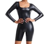 FEOYA Damen Overall Einteiliger Bodysuit Langarm Ganzkörper Jumpsuit U-förmiger Kragen Sportbekleidung Sexy Wet Look Leder Playsuit Clubwear C1 S