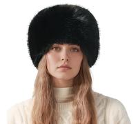 FEOYA Damen Plüsch Wintermütze Warme Russische Fellmütze Siberian Kosakenmütze Faux Pelz Eimerhut Kunstpelzmütze Schwarz