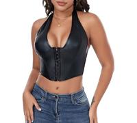 FEOYA Damen PU Leder Crop Top Sexy Neckholder Tank Top Y2k Lace Up Bandage Criss Cross Ösen Korsett Camisole Clubwear Party Schwarz M