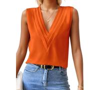 FEOYA Damen Satin Tank Top Ärmellose Blusen V-Ausschnitt Chiffon Tops Sommer Basic Cami Shirts Arbeit Büro Business Bluse Orange L