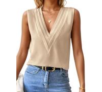 FEOYA Damen Satin Tank Top Ärmellose Blusen V-Ausschnitt Chiffon Tops Sommer Basic Cami Shirts Arbeit Büro Business Bluse Beige M