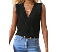 FEOYA Damen Satin Tank Top Ärmellose Blusen V-Ausschnitt Chiffon Tops Sommer Basic Cami Shirts Arbeit Büro Business Bluse Schwarz S
