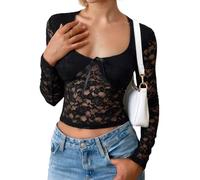 FEOYA Damen Spitze Oberteil Langarm Sexy Y2K Mesh Lace Top V-Ausschnitt Durchsichtig Langarmshirt Streetwear Clubwear Party Schwarz XL