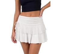 FEOYA Damen Spitzen Mini Rock mit Shorts Rüschen Kurz Faltenrock Sexy Layered Ruffle Skirt Y2k Plisseerock Karneval Party Urlaub Weiß S