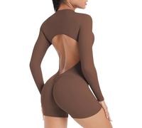 FEOYA Damen Sport Jumpsuit Kurz Eng Yoga Bodysuit Scrunch Butt Overall Gepolstert Bodycon Playsuits Einteiler Romper Ganzkörperanzug Braun L