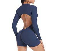 FEOYA Damen Sport Jumpsuit Kurz Eng Yoga Bodysuit Scrunch Butt Overall Gepolstert Bodycon Playsuits Einteiler Romper Ganzkörperanzug Blau L