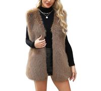 FEOYA Fellweste Damen Elegant Lang Teddy Fleece Weste Kunstpelz Weste Plüschweste Ärmellos Winterjacke Pelzweste Flauschig Cardigan Khaki XL