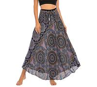 FEOYA Frauen Bohemien Maxirock Bodenlang Strand Kleid Rock A-Linien Strandrock Urlaub Ethnischer Stil Gedruckter Lang Rock