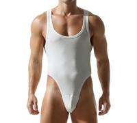 FEOYA Herren Overall Elastisch Leicht Bodysuit Ärmellose Kompression Unterwäsche Jumpsuit Stringbody Herren Wrestling Singlets Sexy Cutout Einteilige Bodysuit Atmungsaktiv Weiß M