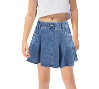 FEOYA Kinder Mädchen Jeansrock Sommer Faltenrock Vintage Denim Rock Baggy Stretch Mädchenrock Luftig Sommerrock Blau Freizeitrock Teenager Kurz Hosenrock Weich Skort mit Taschen Casual Skirt 130