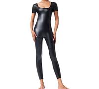 FEOYA Kurzärmeliger Overall Bodysuit Damen PU Leder Bodycon Jumpsuit Sexy Wetlook Playsuit Clubwear Sportbekleidung Outfit für Party Yoga Casual A2 XXL