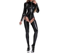 FEOYA Latex Dessous Frauen Wet Look Bodysuit Damen Leder Catsuit Body Nachtwäsche Kunstleder Jumpsuit mit Halterlosen Strümpfen Schwarz