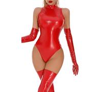 FEOYA Leder Jumpsuit Damen Wetlook Body Nachtwäsche Leotard Kostüme Catsuit Slim Fit Dessous XS Rot