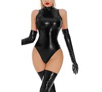 FEOYA Leder Jumpsuit Damen Wetlook Body Nachtwäsche Leotard Kostüme Catsuit Slim Fit Dessous XS Schwarz