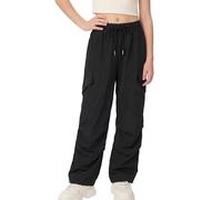 FEOYA Mädchen Hose Cargo Lässige Baggy Sommer Mädchen Hose Wide High Y2K Mit Elastischer Taille Sport Schwarz 10-11 Jahre