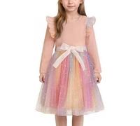 FEOYA Mädchen Tüllrock Festlich Balette Kinder Taufkleid Prinzessin Buntes Baby Kleid Einschulung Feen Teenager Abendkleid Hochzeit Herbst Kostüm Langarm Regenbogen Tüll Glitzer 02 Rosa 3 4 Jahre