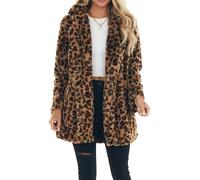 FEOYA Mantel Leopard Damen Faux Pelzmantel Fleecejacke Warm Winter Kunstpelz Mantel Plüsch Mittellang Cardigan Fleece Lang Langarm Plüschjacke Braun XL Wintermantel Winterjacke Outwear Loose Fit