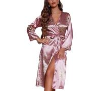 FEOYA Morgenmantel Damen Satin Lang Seide Leicht Bademantel Lange Robe Hausmantel Nachtwäsche V Ausschnitt Morgenmantel für Spa Haus und Hotel Rosa S